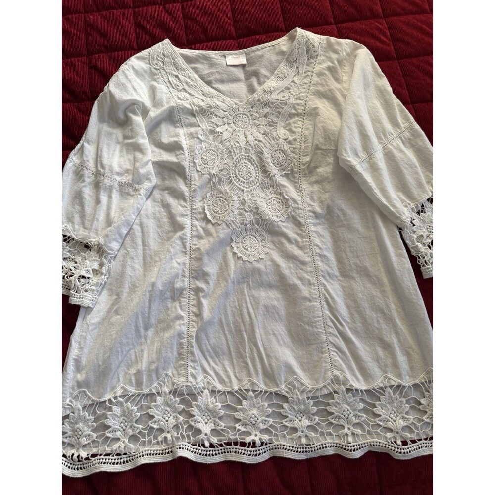 Star India White Cotton Lace Embroidered V-Neck Short Sleeve Blouse XXL